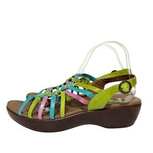Dansko Dana Sandals Leather Pink Blue Green Strappy Wedge Womens Size 42 US 12